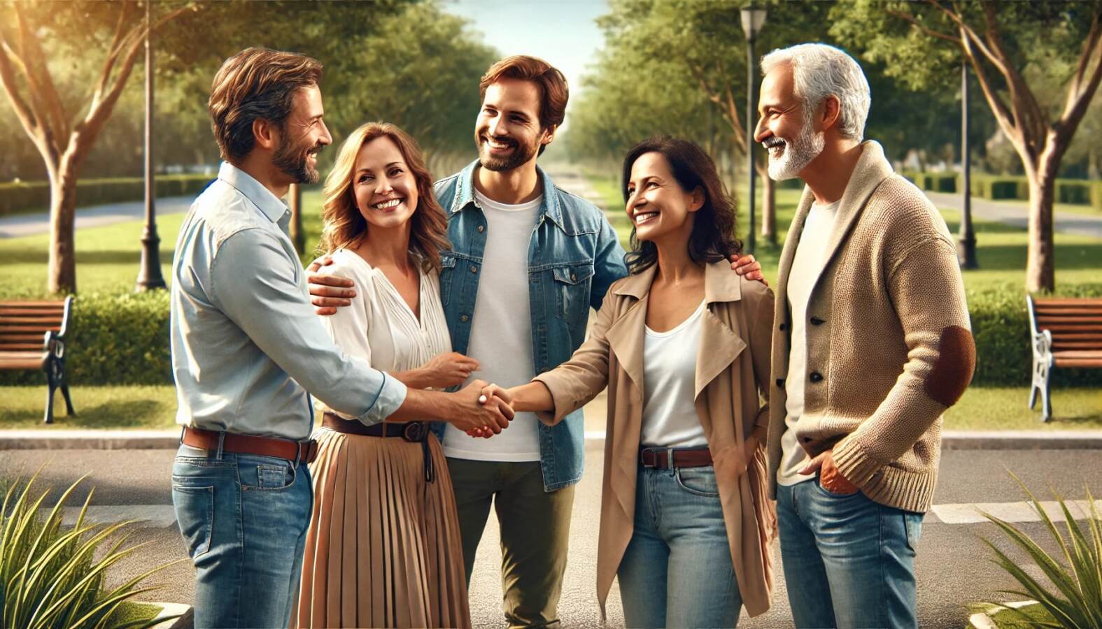 A0 Fundamentals of English A Photo Realistic Image Of Four Hispanic Middle Aged People Meeting And Greeting Each Other. The Group Includes Two Men And Two Women All Dressed In 1575x900