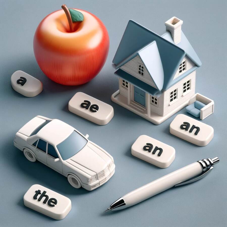 Elementary Grammar Lesson #204G Articles: A, An, The Grammar 103G Three Realistic Objects E.g. Apple Car House With Articles A An And The Placed Before Them To Illustrate Article Usage 900x900
