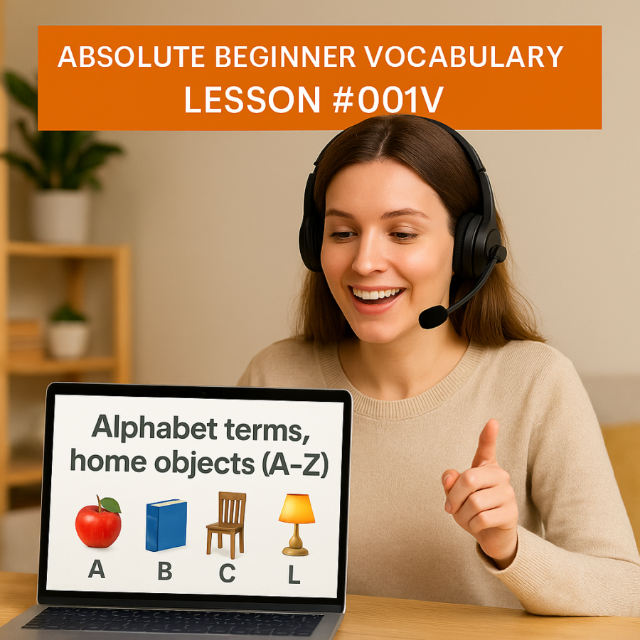 Absolute Beginner Vocabulary Lesson #001V Alphabet terms, home objects (A-Z) 001V 900x900