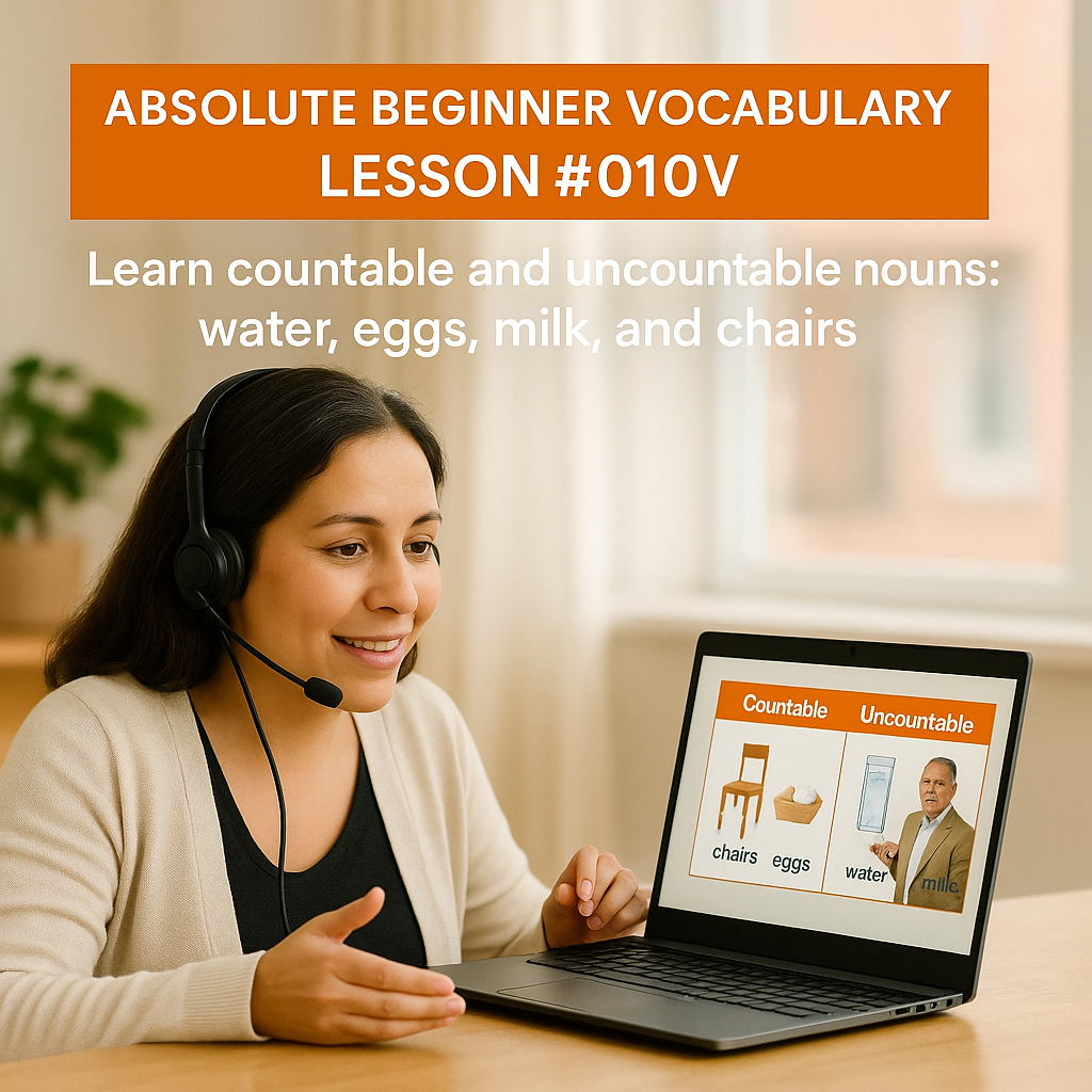 Absolute Beginner Vocabulary Lesson #010V Learn countable and uncountable nouns: water, eggs, milk, and chairs.