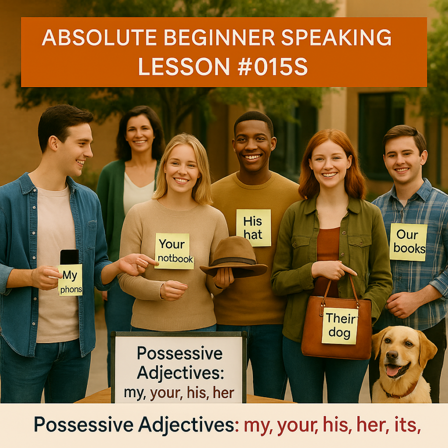 Absolute Beginner Speaking Lesson #015S Possessive Adjectives: Using My, Your, His, Her, (Its), Our, Your, Their Possessive Adjectives Pronunciation