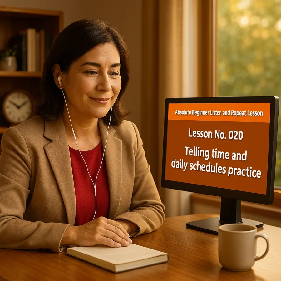 Absolute Beginner Listen & Repeat Lesson #020LR Telling time and daily schedules practice Listen and Repeat Lesson Time