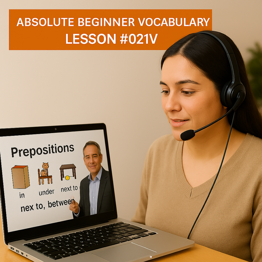 Absolute Beginner Vocabulary Lesson #021V Prepositions: in, on, under, next to, between 021V 900x900