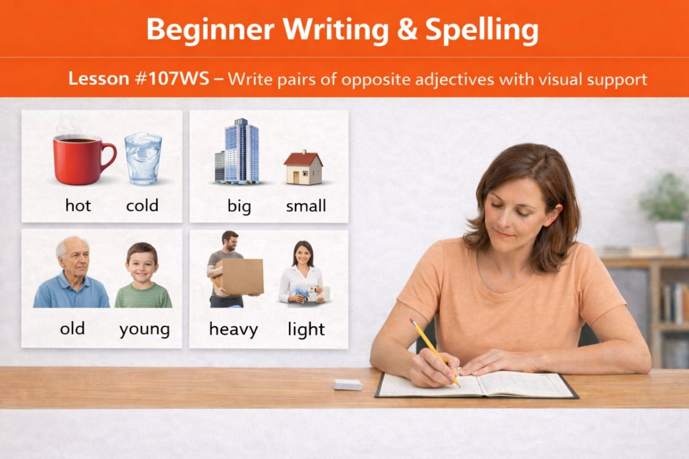 Beginner Writing and Spelling Lesson #107WS Write pairs of opposite adjectives with visual support Beginner Reading And Spelling 107WS 1350x900