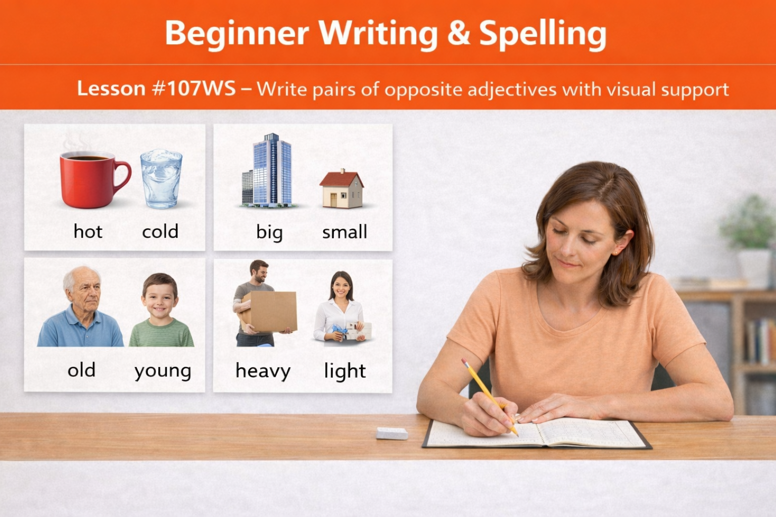 Beginner Writing and Spelling Lesson #107WS Write pairs of opposite adjectives with visual support