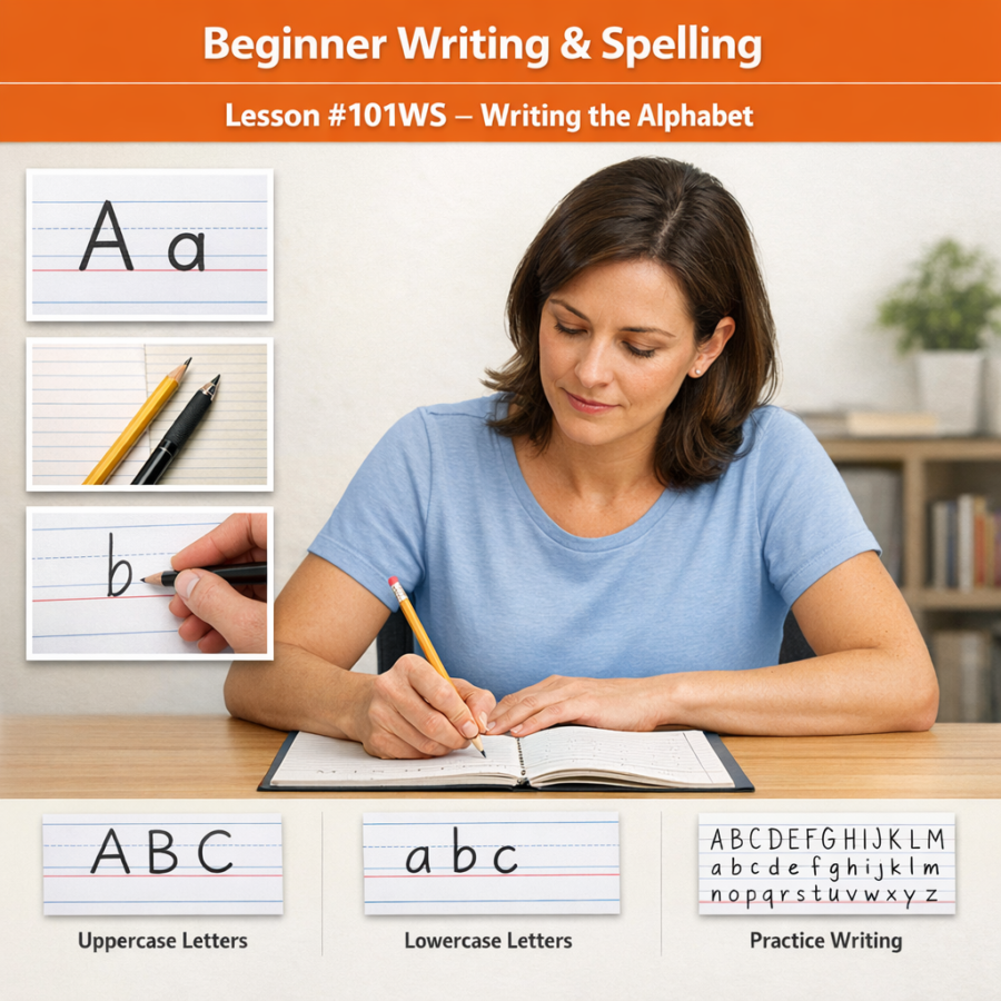 Beginner Writing and Spelling Lesson #101WS Write and spell all 26 letters; uppercase and lowercase practice Beginner Writing And Spelling 001WS 900x900
