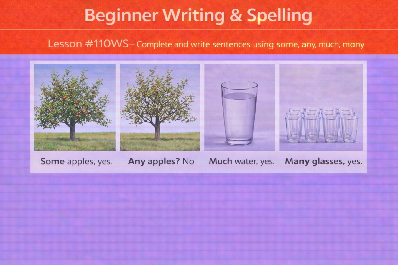 Beginner Writing and Spelling Lesson #110WS Complete and write sentences using some, any, much, many Beginner Writing And Spelling 110WS 1350x900