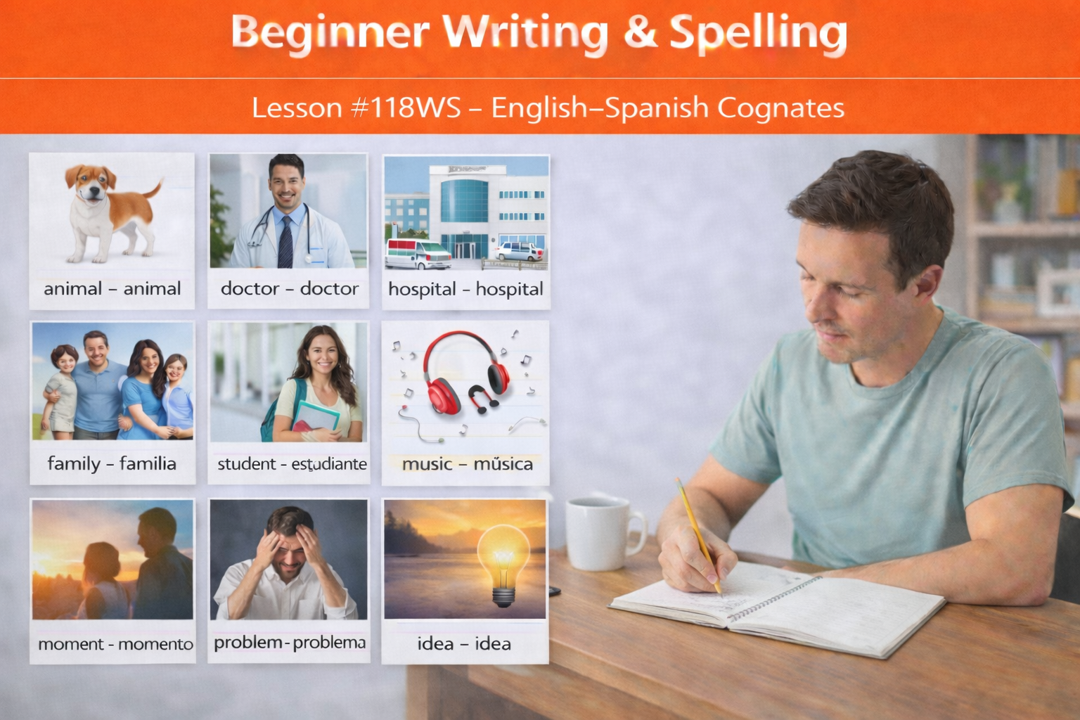 Beginner Writing and Spelling Lesson118WS Identify and copy 10 English-Spanish cognates