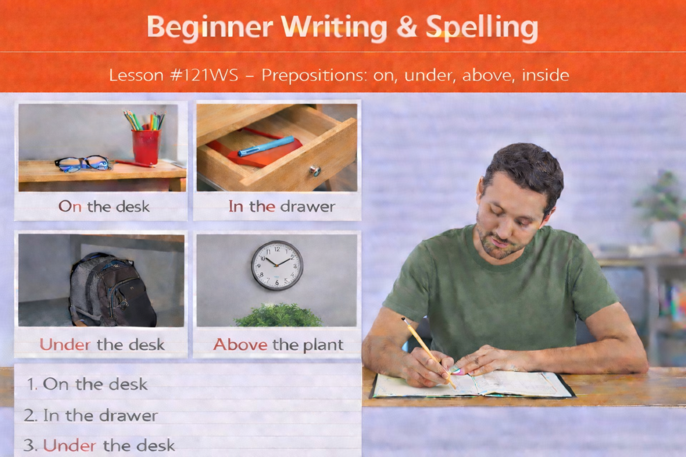 Beginner Writing and Spelling Lesson #121WS Write short sentences about the location of objects in a room Beginner Writing And Spelling 121WS 1350x900